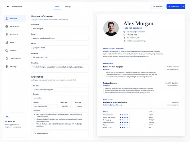 CV Builder interface with a form on the left and a live professional resume preview on the right