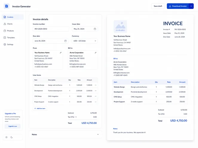 Invoice Generator interface with line items form and a polished invoice document preview