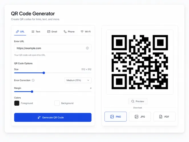 QR Code Generator interface showing input options and a generated QR code with download buttons