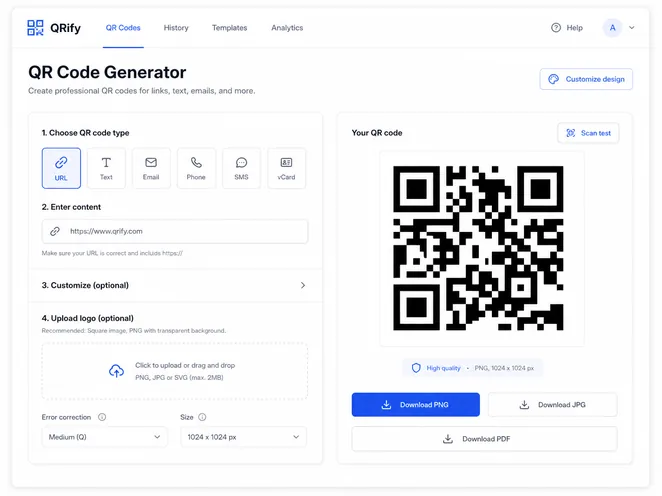 ToolBench QR Code Generator in use, with input options on the left and a generated QR code with download buttons on the right
